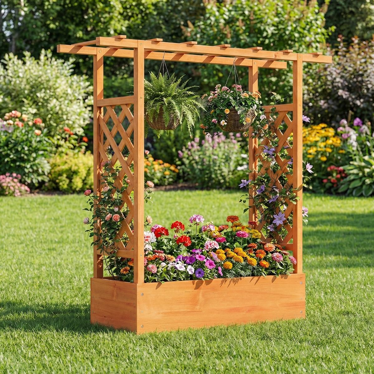 Jardinière surélevée en bois Coast - Treillis et toit suspendu - Trous de drainage - Naturel/Orange - 110 x 35 x 114 cm