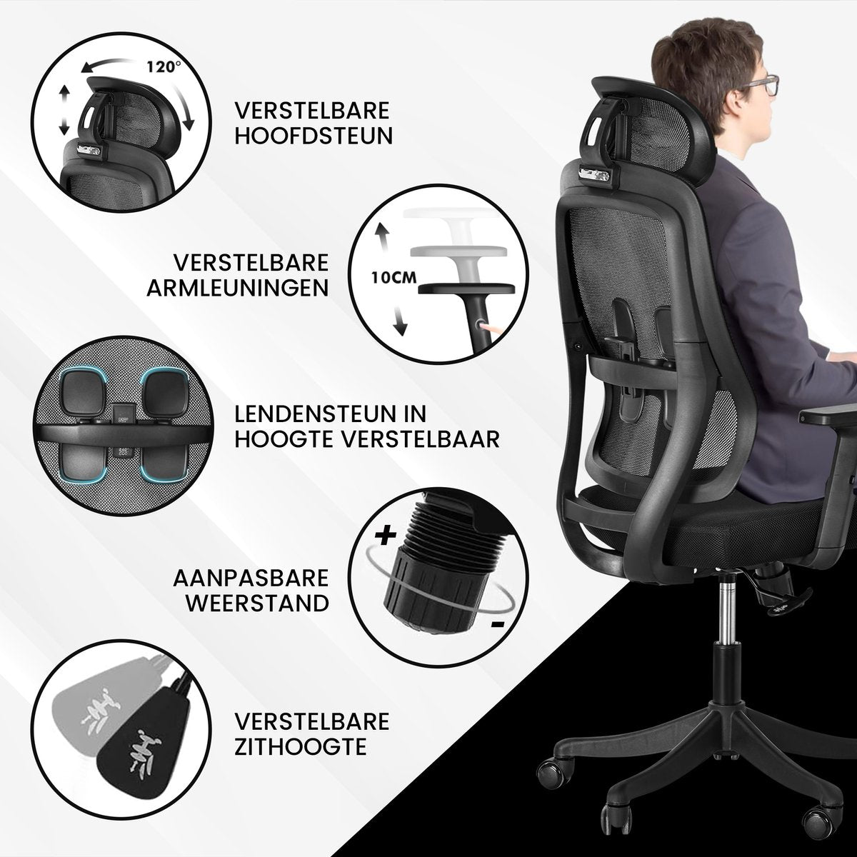 Fauteuil de bureau ergonomique Bayt - Tissu maillé avec appui-tête et soutien lombaire - Noir - 64 x 59 x 121-131 cm