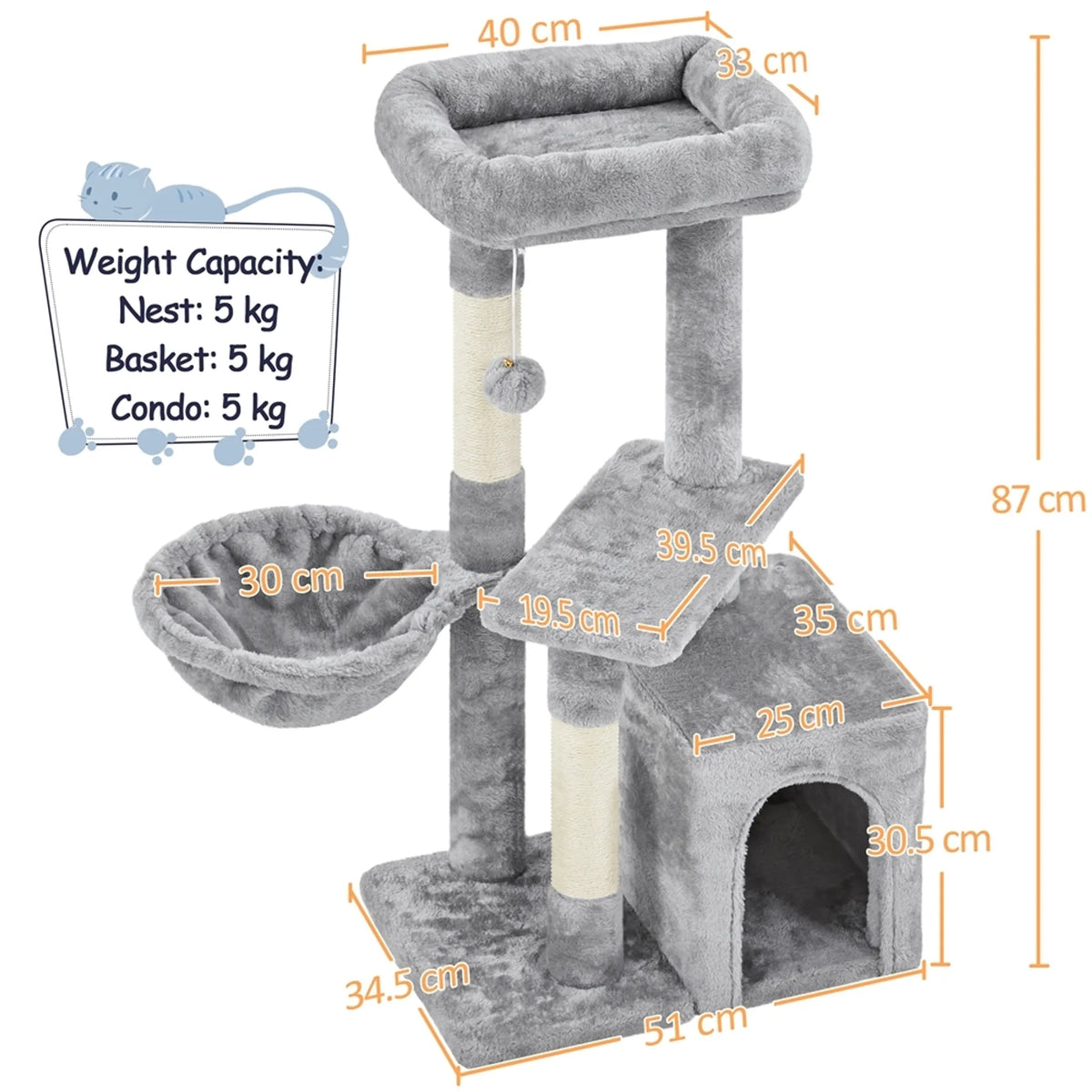 Yaheetech : Arbre à chat compact à 3 niveaux, 49,5 x 34,5 x 86,5 cm – Joli gris clair – Sisal et peluche