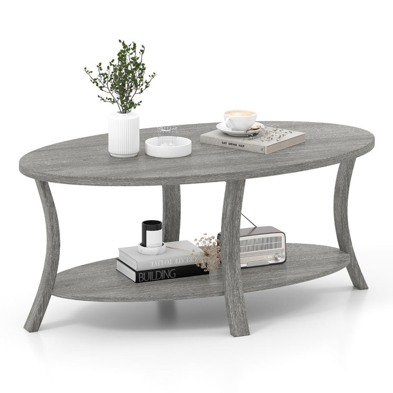 Table basse ovale Coast - 2 niveaux avec espace de rangement - bois d'hévéa - gris - 111 x 60,5 x 47 cm
