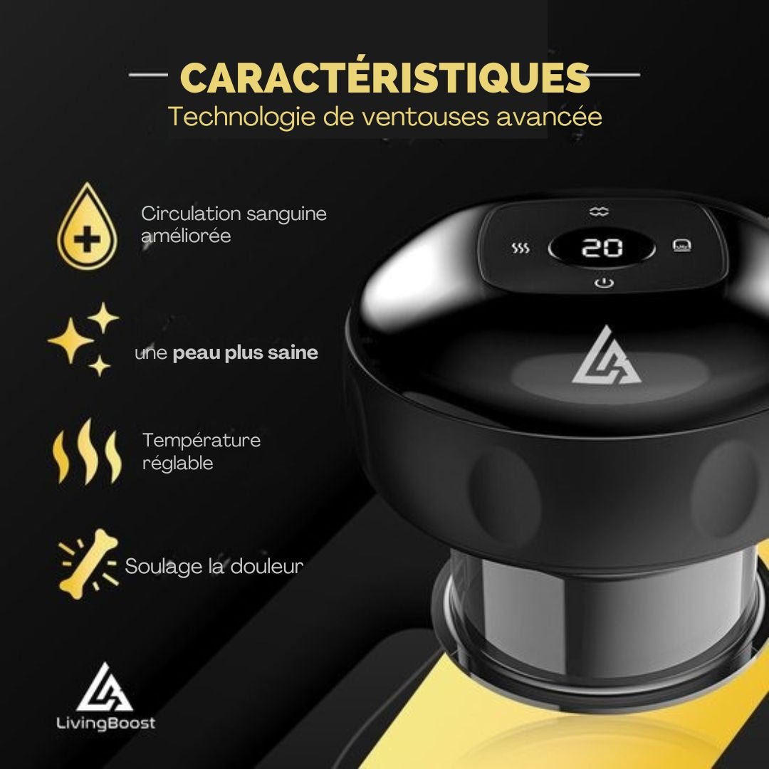 Appareil de massage électrique contre la cellulite LivingBoost®- Gua Sha inclus - 12 niveaux et températures - Corps entier - Massage par ventouses - Anti cellulite - noir