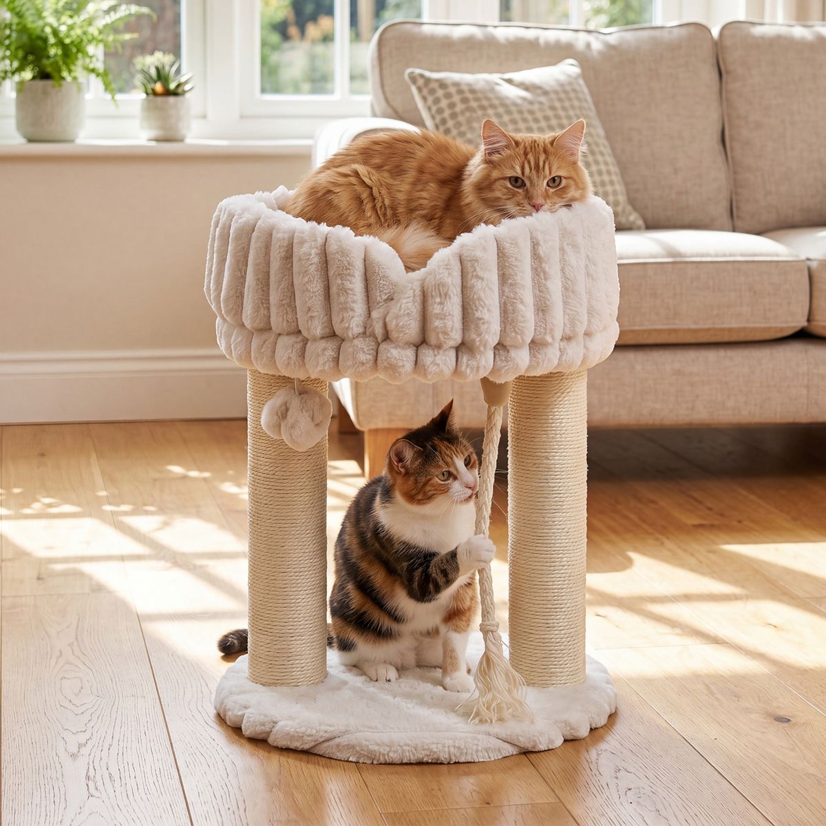 Arbre à chat Coast avec plate-forme de repos - Tiges en sisal et balle en peluche - Compact 40 x 40 x 50,5 cm - Beige/Gris/Blanc
