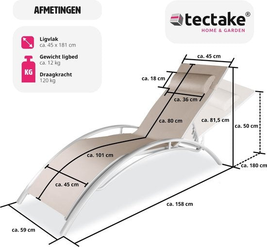 tectake® set de 2 chaises longues de jardin - chaises longues en aluminium - résistantes aux intempéries - idéales pour le jardin - balcon - terrasse - avec coussin de tête - dossier réglable en 5 directions - beige