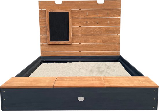 Bac à sable AXI Mandy XL 130 x 120 cm avec espace de rangement et couvercle, couleur anthracite/marron – Avec banc et tableau à craie – Toile de protection incluse – Garantie de 10 ans !