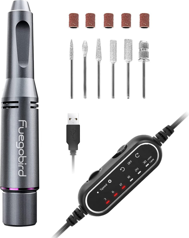 Fuegobird Lime à ongles électrique - Set professionnel pour manucure et pédicure - sans fil - 30 000 tours/minute - 15 x 3,5 cm - gris