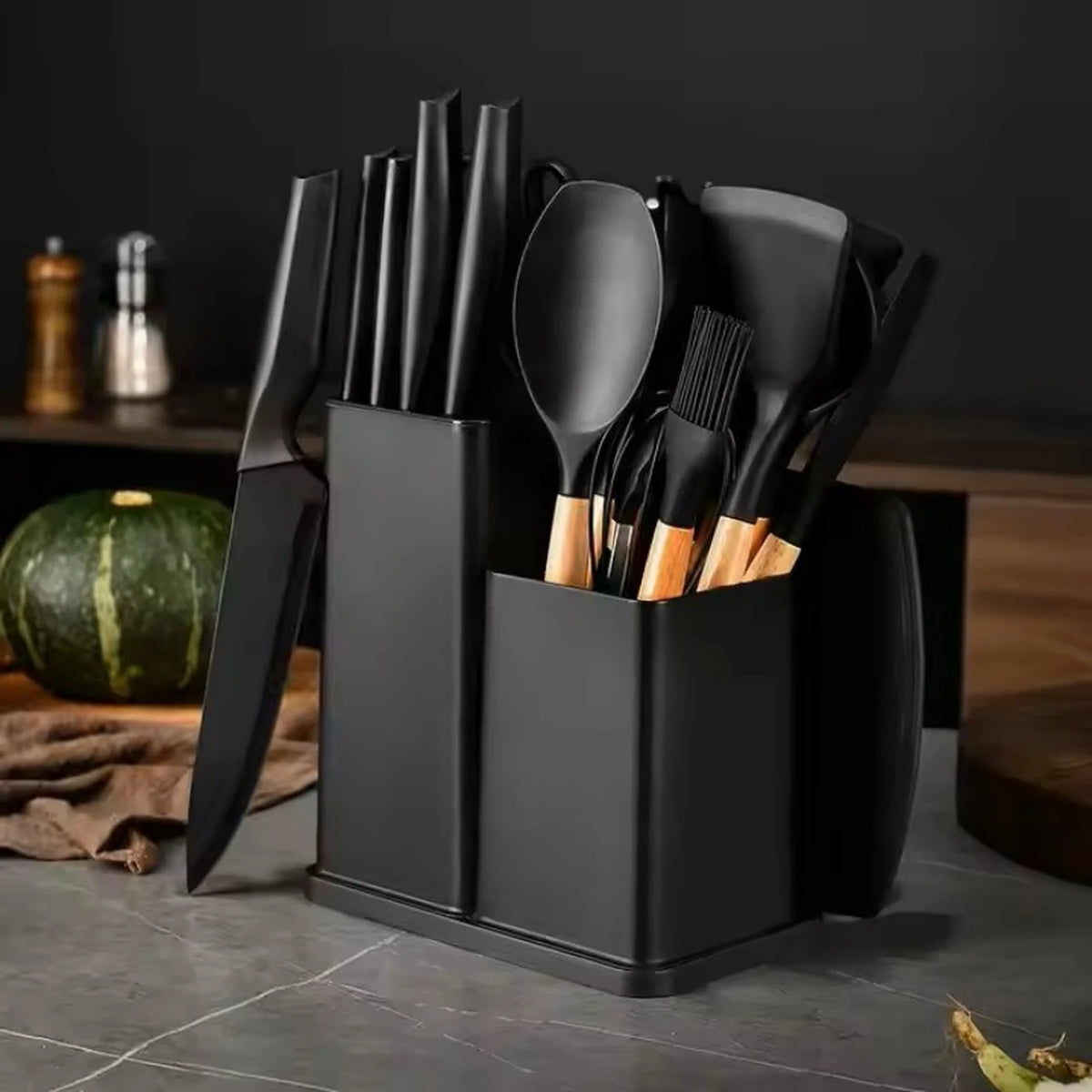 Set de 19 couteaux de cuisine et ustensiles de cuisine en silicone - Noir - Avec bloc à couteaux, planche à découper et manches en bois