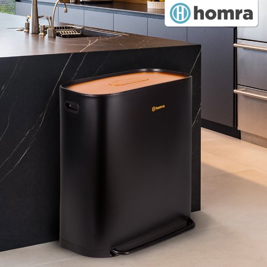 Poubelle Homra Rockx 60 litres - Poubelle à double pédale 2 x 30 L avec filtre anti-odeurs - Poubelle de tri sélectif en acier inoxydable à 2 compartiments - Poubelle de recyclage - Poubelle de cuisine - Poubelle de tri sélectif - Poubelles doubles noir e