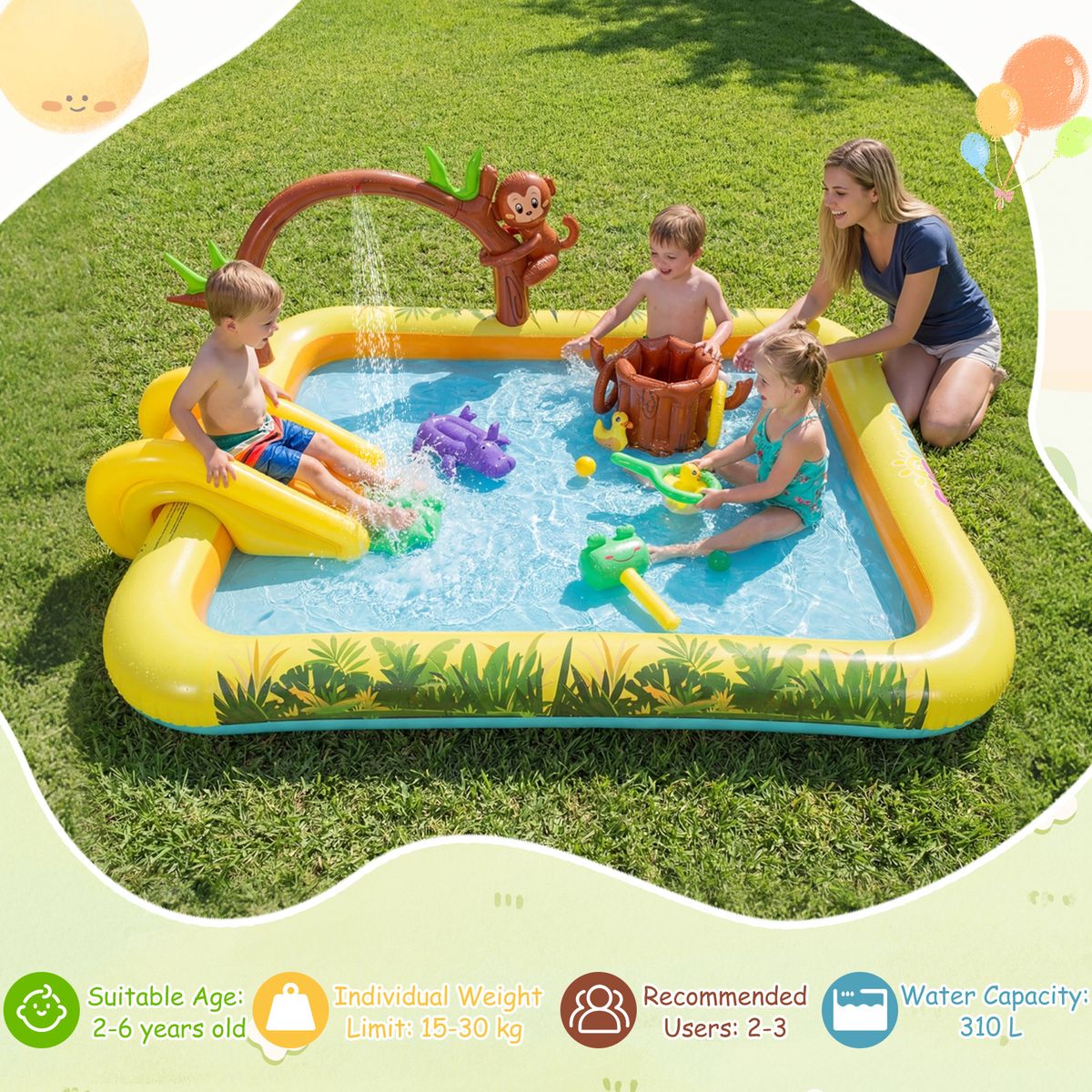 Centre de jeux gonflable Coast « Aventure dans la jungle » - Toboggan et brumisateur - Pour les enfants de 2 à 6 ans - Multicolore