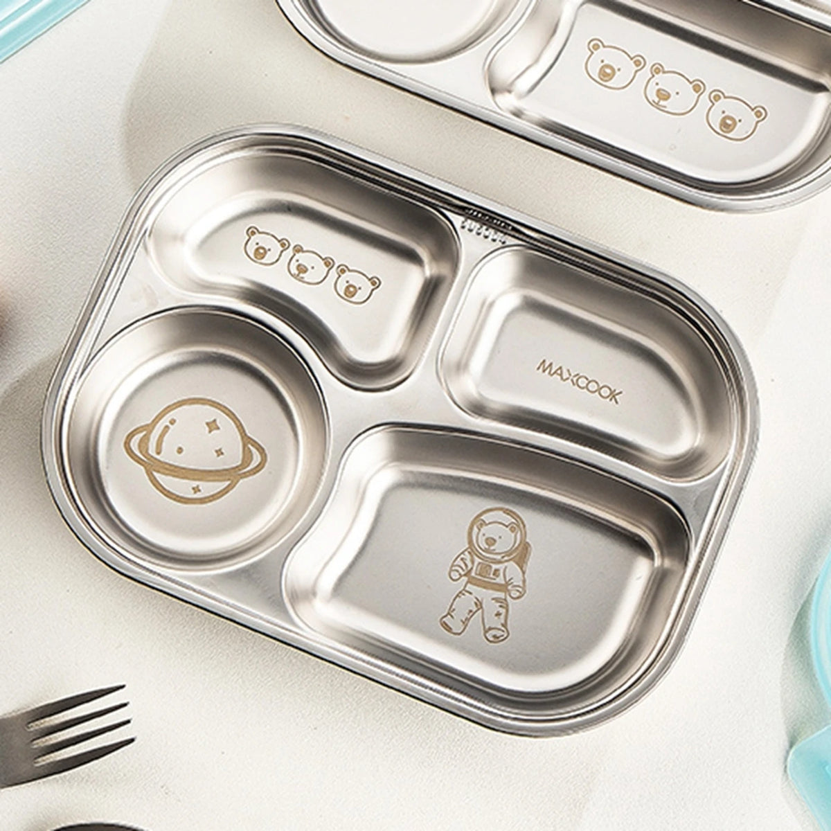Boîte à repas Maxcook Bento – 4 compartiments – Acier inoxydable 316 – Design inspiré de l'espace – MCWA5499 : boîte à repas avec couvercle orné d'un motif d'astronaute, boîte à repas portable pour le bureau ou un pique-nique MCWA5499