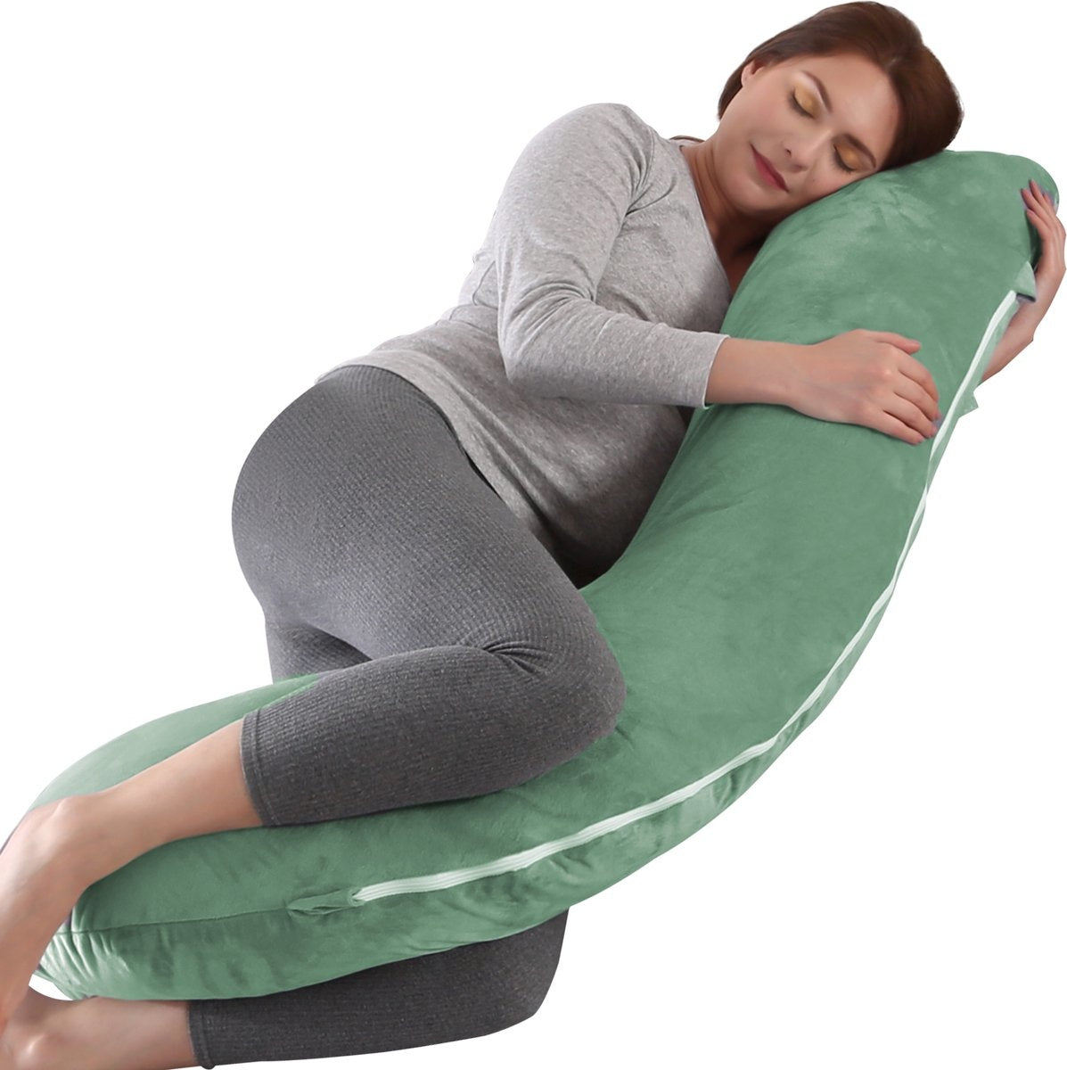 Litollo® Zwangerschapskussen (J-vorm) - Zijslaapkussen - Voedingskussen - Lichaamskussen - Body pillow - 145cm - Zachte fleece stof - Afneembare hoes - Olijfgroen