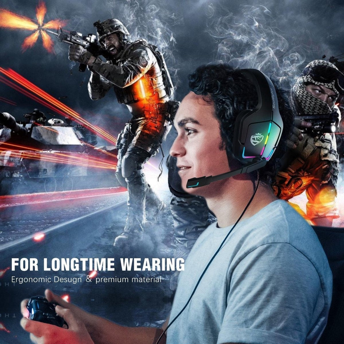 Casque gaming SoulBytes S12 RGB avec microphone stéréo - Multiplateforme -Noir