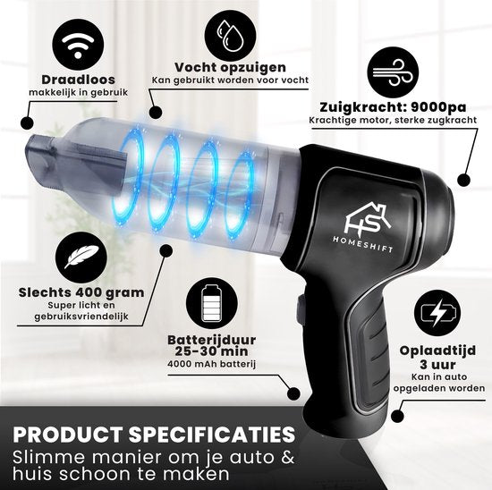 Aspirateur sans fil pour voiture HomeShift – Fonction soufflerie – 6 embouts – 2 filtres HEPA – Rechargeable par USB