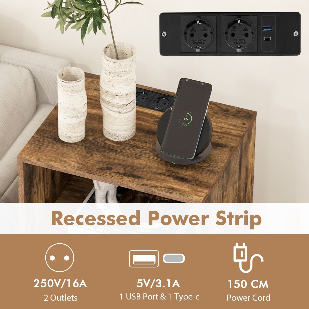 Support pour platines Coast - 3 niveaux - avec station de recharge et 4 prises - marron rustique