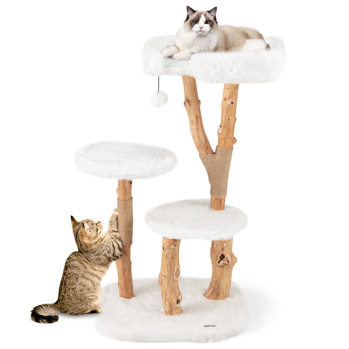 Arbre à chat Coast - bois massif et jute - 4 niveaux - naturel et blanc - 110 cm