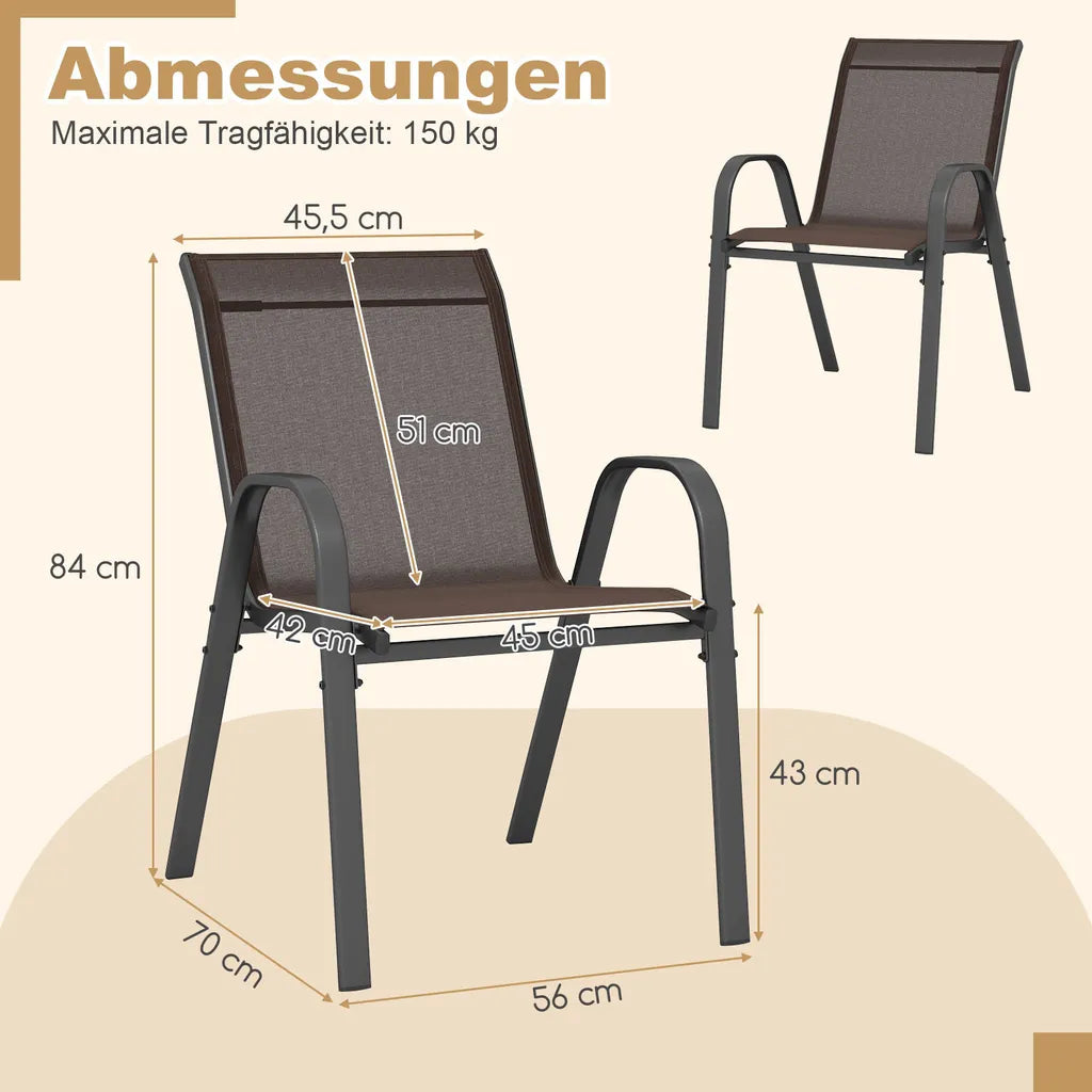 COAST Jeu de 4 chaises de jardin empilables, chaises de balcon, chaises de patio, chaises empilables avec accoudoirs jusqu'à 150 kg, 56 x 70 x 84 cm, marron