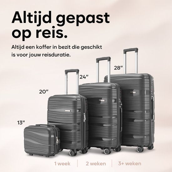 SKYCASES Travelin' Charm 4-Piece Trolley Set - Hand Luggage & Check-in Suitcases - 32L/60L/98L - Number Lock - 360° Noiseless Wheels - Lightweight & Sturdy - Modern Design - Anthracite V2