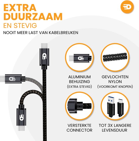 Drivv. Câble USB vers USB C - Chargeur rapide - Câble de données et de charge USB C - 2 mètres - Convient à Samsung, iPhone 15 et autres - Noir