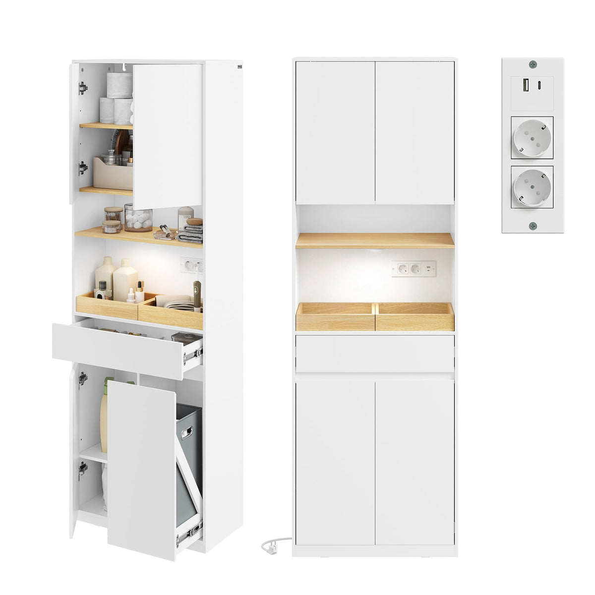 Armoire de salle de bains SoBuy avec éclairage LED, prise électrique et panier à linge – 60 x 30 x 180 cm – capacité de charge de 85 kg