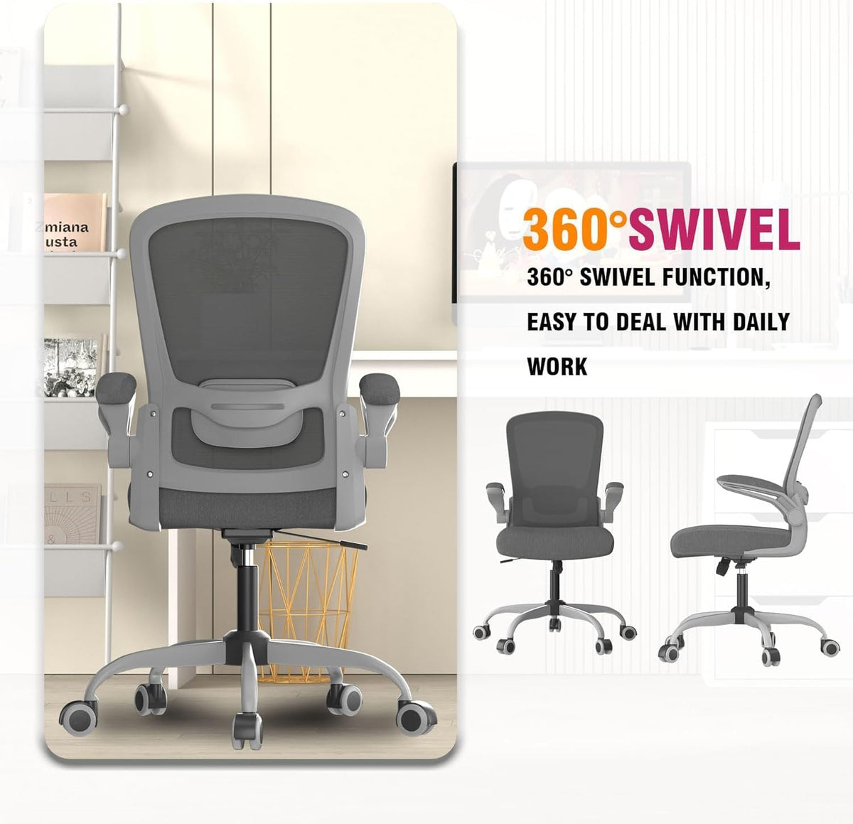 Chaise de bureau ergonomique - Soutien lombaire réglable - Accoudoirs rabattables - Fonction d'inclinaison à 135°