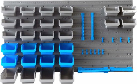 Panneau à outils Kinzo - 43 pièces : panneau à outils en 2 parties, 28 bacs de rangement, 10 crochets à outils et 3 porte-outils