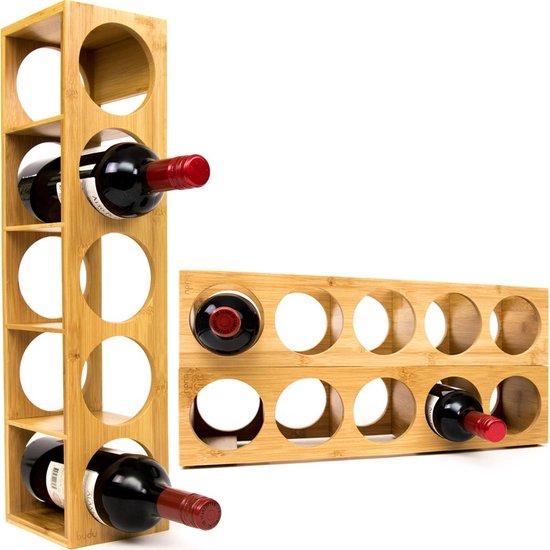 Budu Porte-bouteilles en bambou 5 bouteilles - Porte-bouteilles en bois - Empilable - Extensible - Porte-bouteilles en bois - Porte-bouteilles en bambou - Porte-bouteilles vertical - Porte-bouteilles de vin