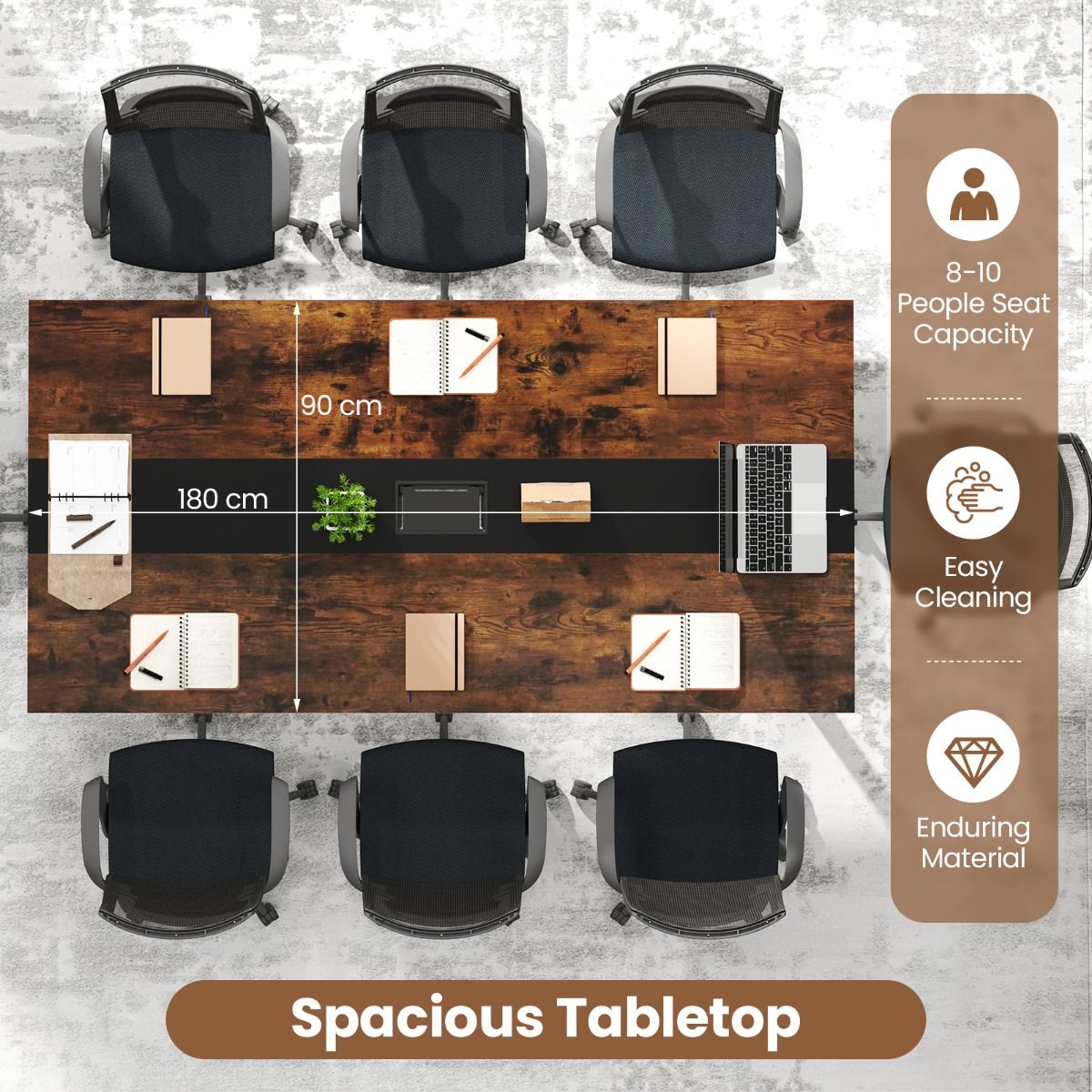 Table de réunion Coast - rectangulaire - gestion des câbles - bois rustique et noir - 180 x 90 cm