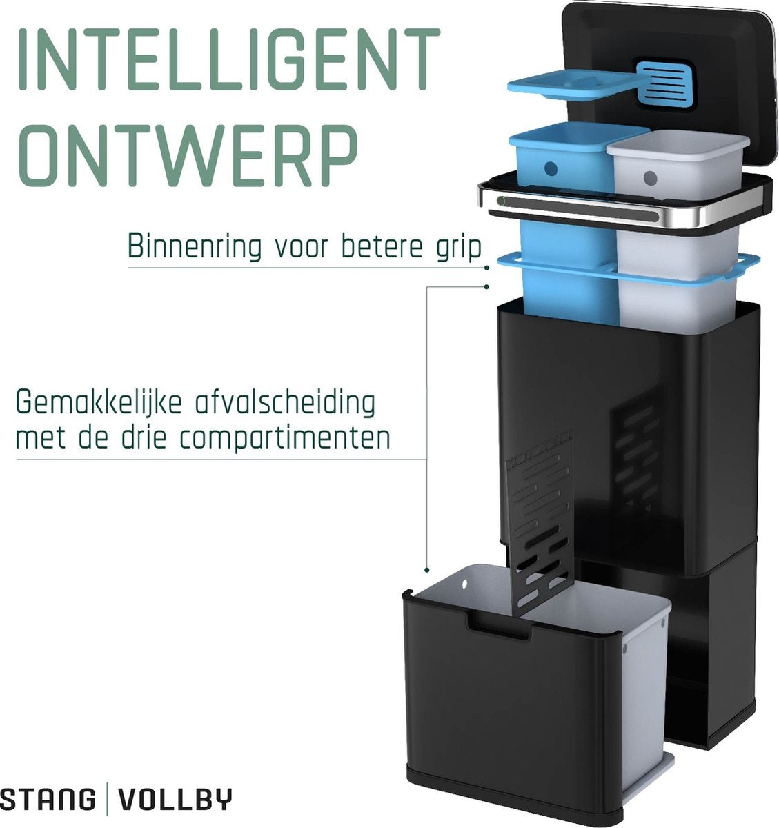 StangVollby Poubelle automatique avec capteur - fermeture automatique douce - Poubelle tri sélectif -4 compartiments -  4 compartiments  -Acier inoxydable -  60 L