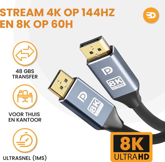 Drivv. Câble Displayport - 8K 60Hz - 4K 144 Hz - 32.4GBps - Displayport 1.4 - Câble DP - PVC - 3 mètres - Gris spatial