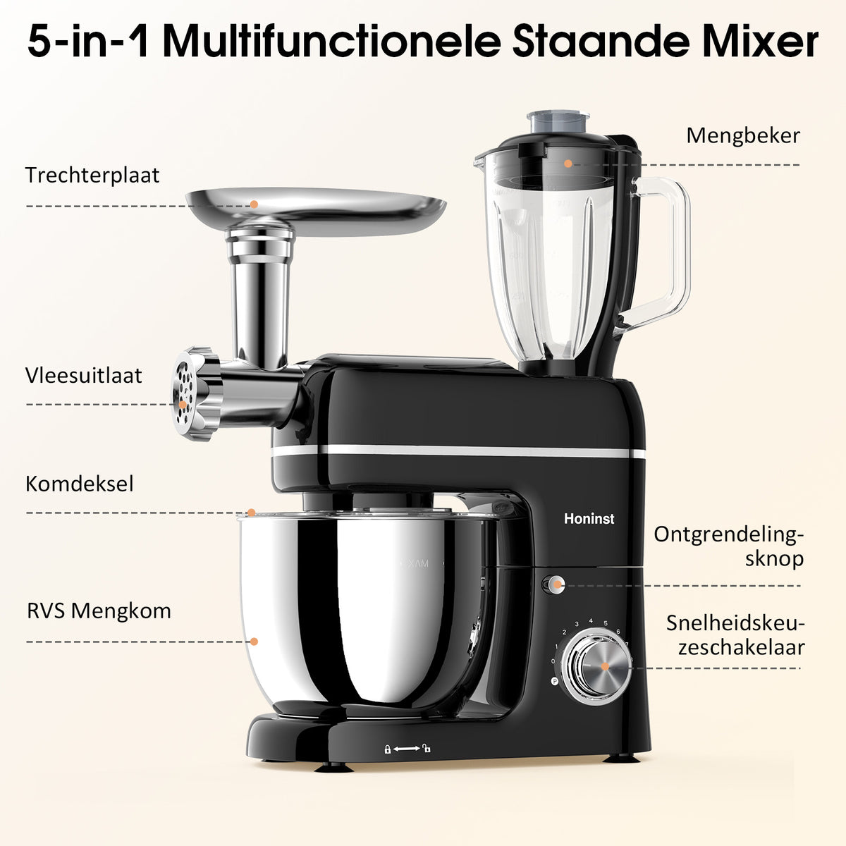 Batteur sur socle multifonction 7-en-1 Honinst - 6,5 QT, 8 vitesses, tête inclinable