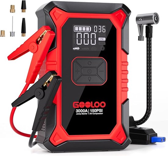 GOOLOO A3 - Démarreur portable avec compresseur et batterie externe - 3 000 A - Véhicules 12 V - Charge rapide USB - Design compact - Lampe torche LED - Pour voiture, moto et bateau