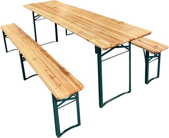 Ensemble de table de brasserie AXI Toon - Table pliante et 2 bancs – 220 cm – Structure en acier et bois – Avec embouts en caoutchouc – Table de pique-nique d'extérieur