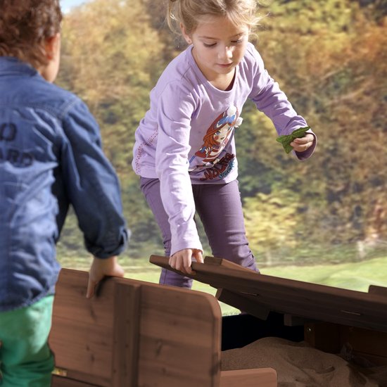 AXI Ella XL Bac à sable en bois anthracite/marron- Avec bancs et couvercle - Bois certifié FSC - 120x120x20cm - Bac à sable pour enfants