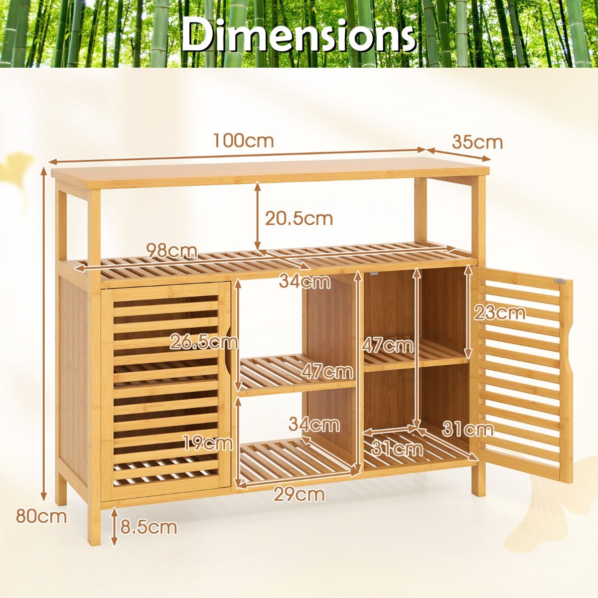Armoire de salle de bains Coast en bambou - 2 portes - étagères ouvertes - couleur naturelle - 100 x 35 x 80 cm