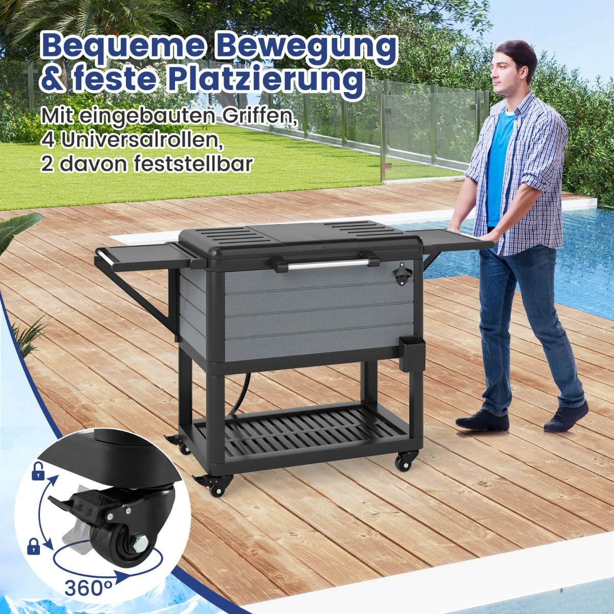 Chariot réfrigérant Coast - 91 litres - avec tablettes latérales et décapsuleur - noir/gris