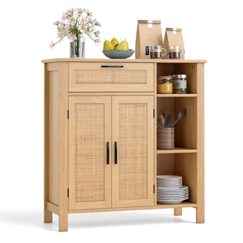 Buffet en bois Coast - Portes et tiroir en rotin - Étagère réglable - Couleur naturelle 75 x 30 x 80 cm
