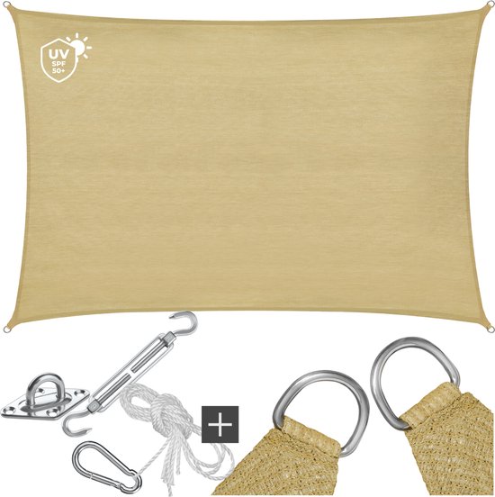 tectake® Toile d'ombrage rectangulaire Sunny - 3 x 5 m - Toile d'ombrage extra robuste en HDPE 185 g/m² - Protection UV 50+ - Résistant aux intempéries et à la déchirure - Parasol pour jardin, balcon, terrasse - Parasol avec matériel de fixation - Couleur