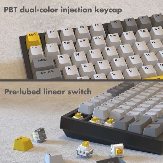 Ajazz AK820 - Clavier gaming RGB filaire à 75 % - Mécanique - Gasket - Hot Swap - Bouton de volume - Claviers QWERTY - 82 touches - Jaune clair de lune