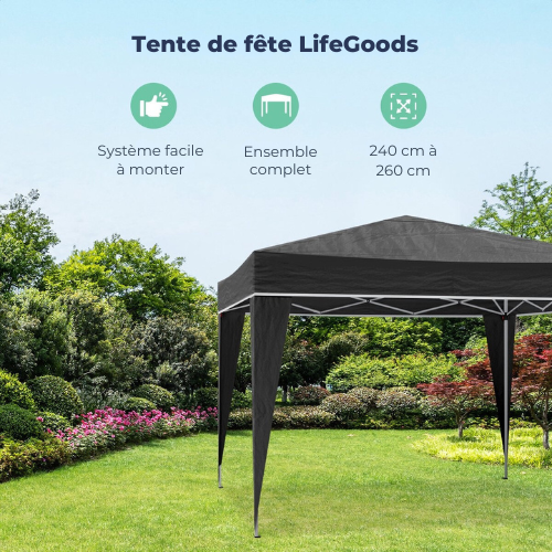 Tonnelle de jardin - LifeGoods - 3x3 m - Pliable - Imperméable - Avec sac de transport - Noir