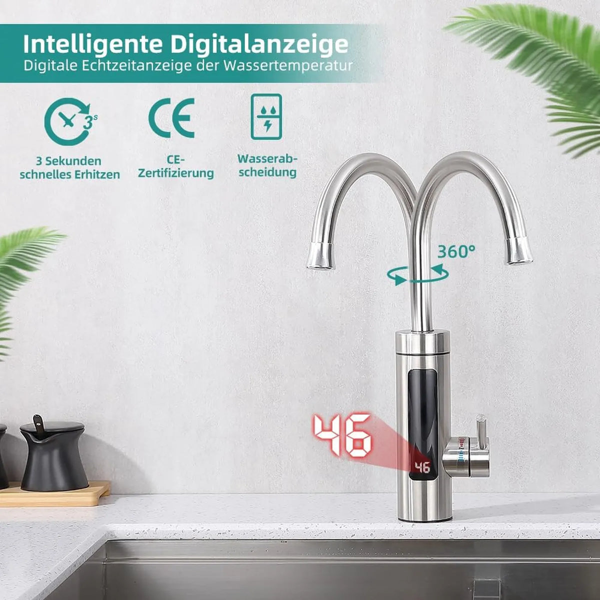 Robinet de cuisine électrique HOMELODY avec chauffe-eau instantané - 3 000 W - 230 V - Écran LED - Acier inoxydable - Argent brossé