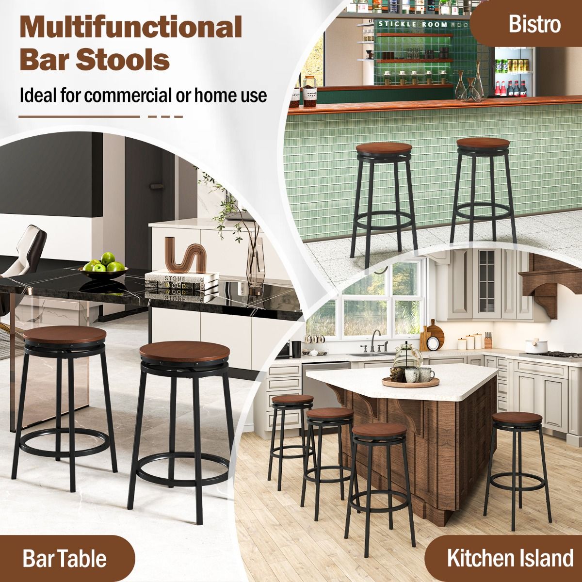 Lot de 2 tabourets de bar Coast - hauteur réglable - pivotants à 360° - marron rustique et noir