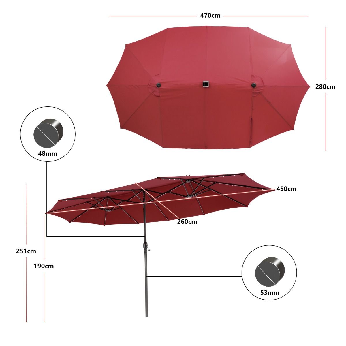 Parasol double Coast - Éclairage à 48 LED à énergie solaire - manivelle - rouge vin 470 x 280 cm