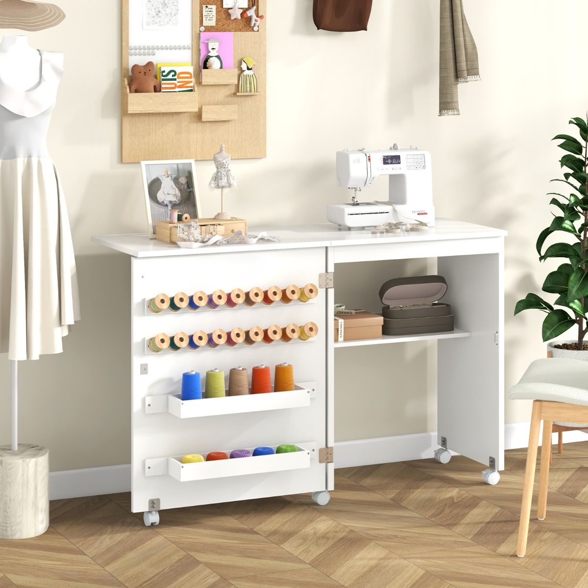 Table de couture pliable Coast avec porte de rangement - 5 roulettes verrouillables - blanche