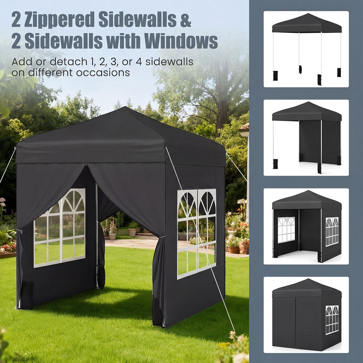 Pavillon de jardin pliable Coast - hauteur réglable - parois latérales amovibles - gris/noir/blanc 2 x 2 m