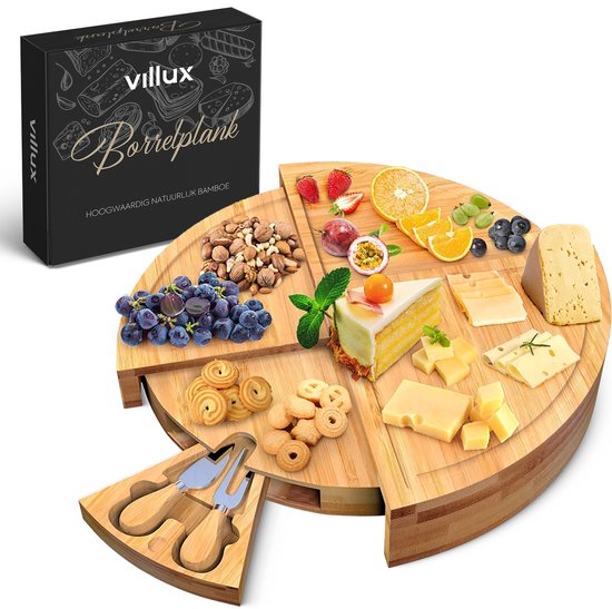 Plateau à tapas Villux - Plateau apéritif - Plateau de service - Plateau à fromage - Plateau à amuse-bouches - Couteaux à fromage inclus - Plateau à tapas en bambou - Plateau apéritif rond - E-book inclus - ø 38 cm