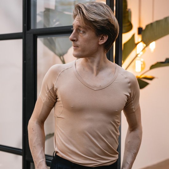 tshirt anti transpiration - Fibershirts® - Coussinets d'aisselles cousus - Maillot de corps - beige - Col en V - Hommes - Taille L