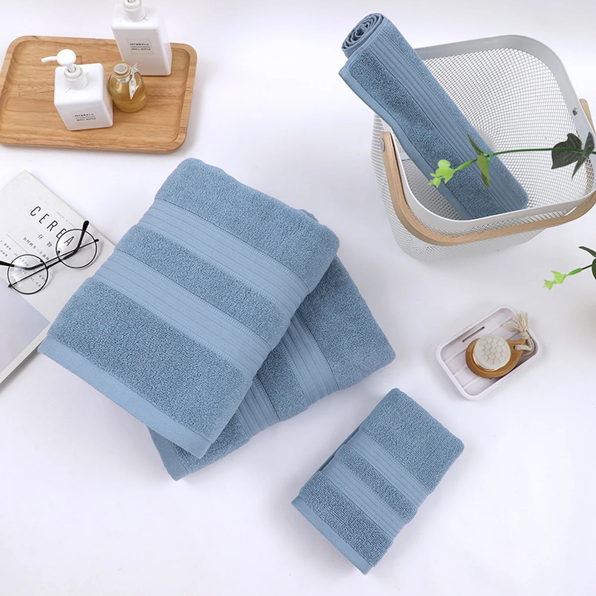 Lot de 4 serviettes de bain Tuqiang - Bleu - 100 % coton, fil brossé