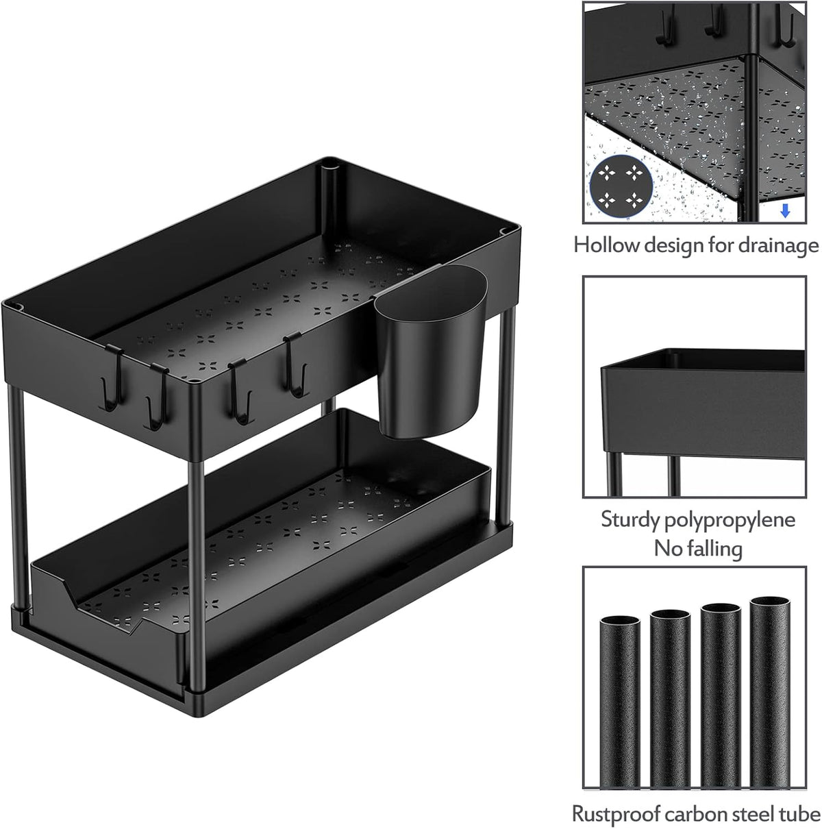 Meuble de rangement pour évier avec tiroir coulissant - 2 niveaux - 39,5 x 21,5 x 35,5 cm - Noir