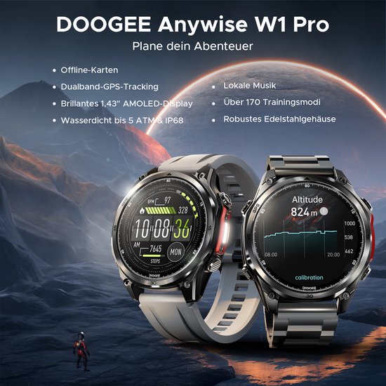 DOOGEE Anywise W1 Pro - Montre connectée de type militaire - Commande vocale par IA - 5 ATM - GPS double bande - Cartes hors ligne - 170 modes sportifs - Écran AMOLED de 1,43 pouce - Tracker d'activité - Appels entrants et sortants - Autonomie de 18 jours