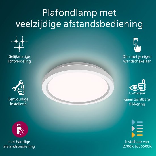 Plafonnier tout-en-un Philips - Lot de 2 - Avec télécommande - 24 W - Éclairage LED - Lumière blanche chaude à froide ; 2 700 K à 6 500 K - 30 cm - Blanc - Rond