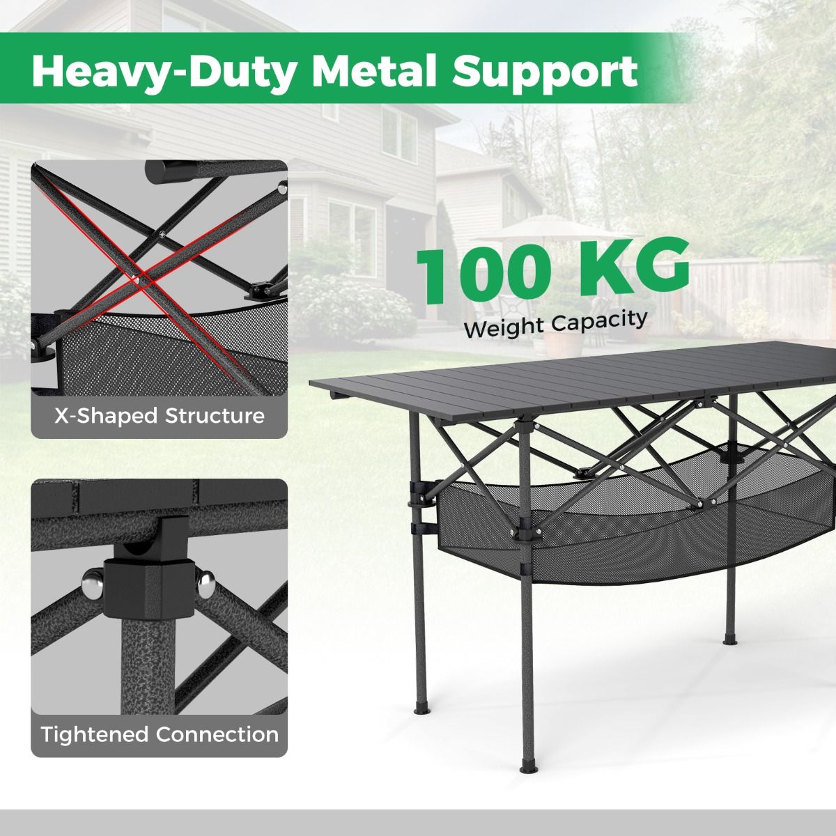 Table de camping pliable Coast - Plateau en aluminium enroulable - Avec panier en filet - Noir 119 x 56 cm